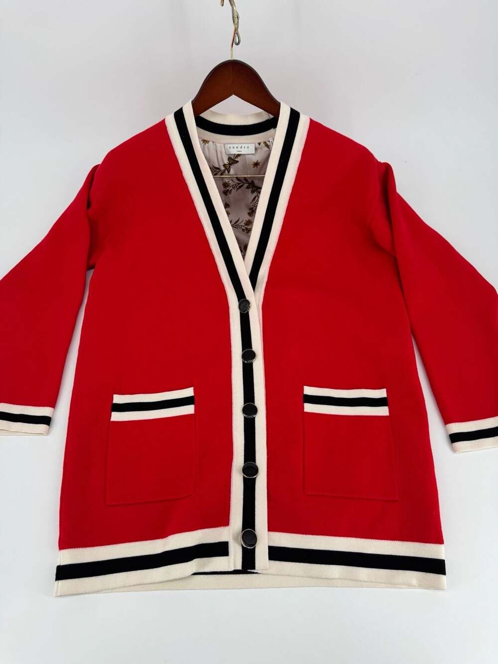 Sandro Paris Red Button-Front Cardigan Sweater with Butterfly Lining